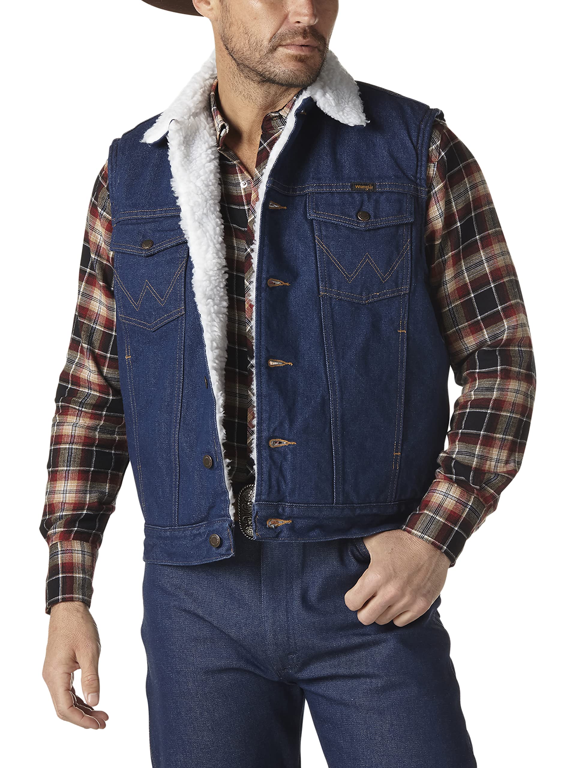 Amazon | Wrangler Men's Sherpa Lined Denim Vest, Denim/Sherpa